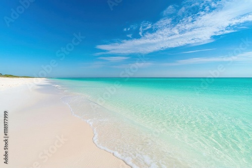 Serene beach with clear turquoise water and soft white sand.