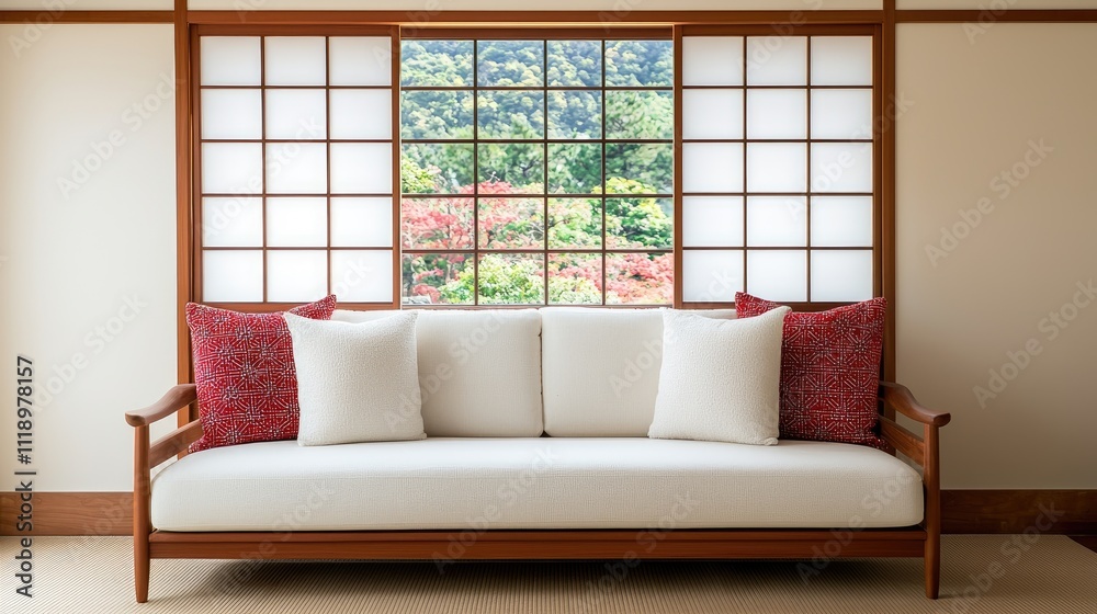 Fototapeta premium A serene room featuring a white sofa with red cushions, complemented by a large window showcasing lush greenery outside.
