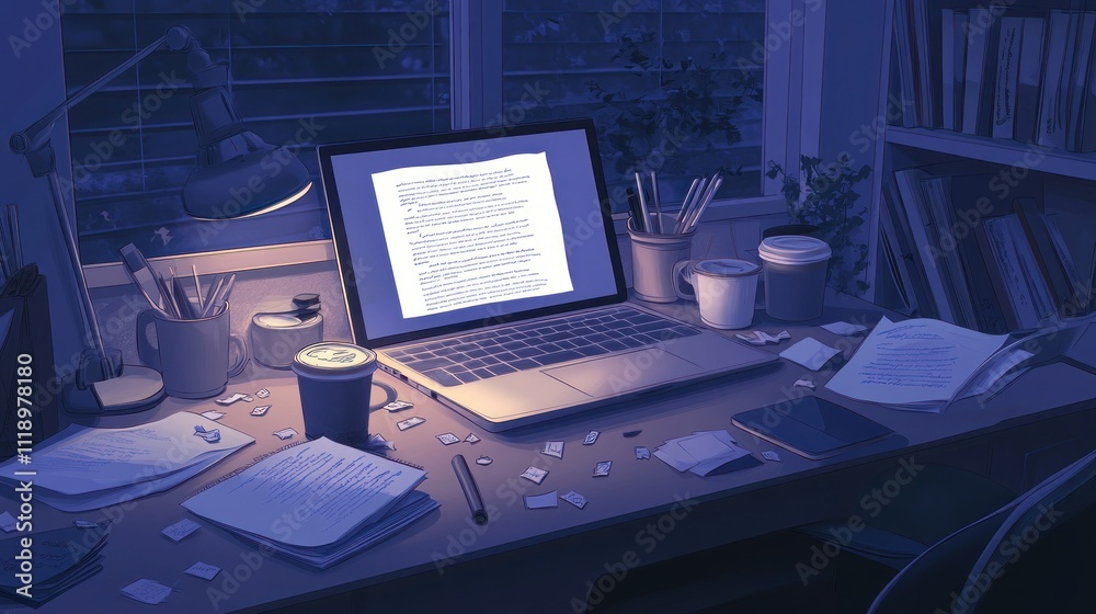 A cozy workspace at night with a laptop, papers, and a drink, suggesting productivity. A cozy workspace at night with a laptop, papers, and a drink, suggesting productivity.