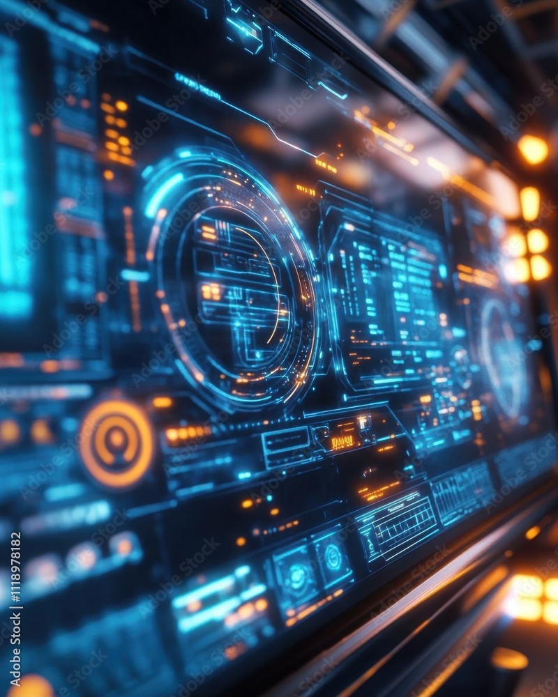 Futuristic digital interface with glowing elements and data displays. Futuristic digital interface with glowing elements and data displays.
