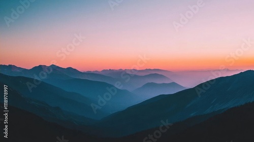 Serene mountain landscape at sunset, showcasing vibrant colors and depth.