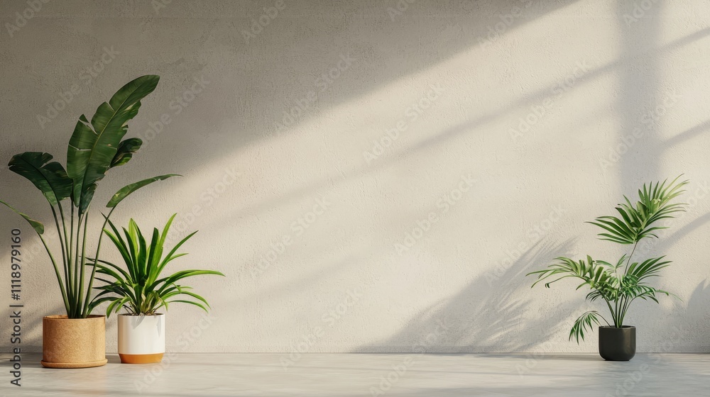 A serene interior scene featuring potted plants against a textured wall, illuminated by soft natural light. A serene interior scene featuring potted plants against a textured wall, illuminated by soft natural light.