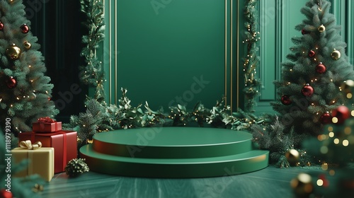 Elegant Green Podium Perfect for Product Showcases and Christmas Promotions  
