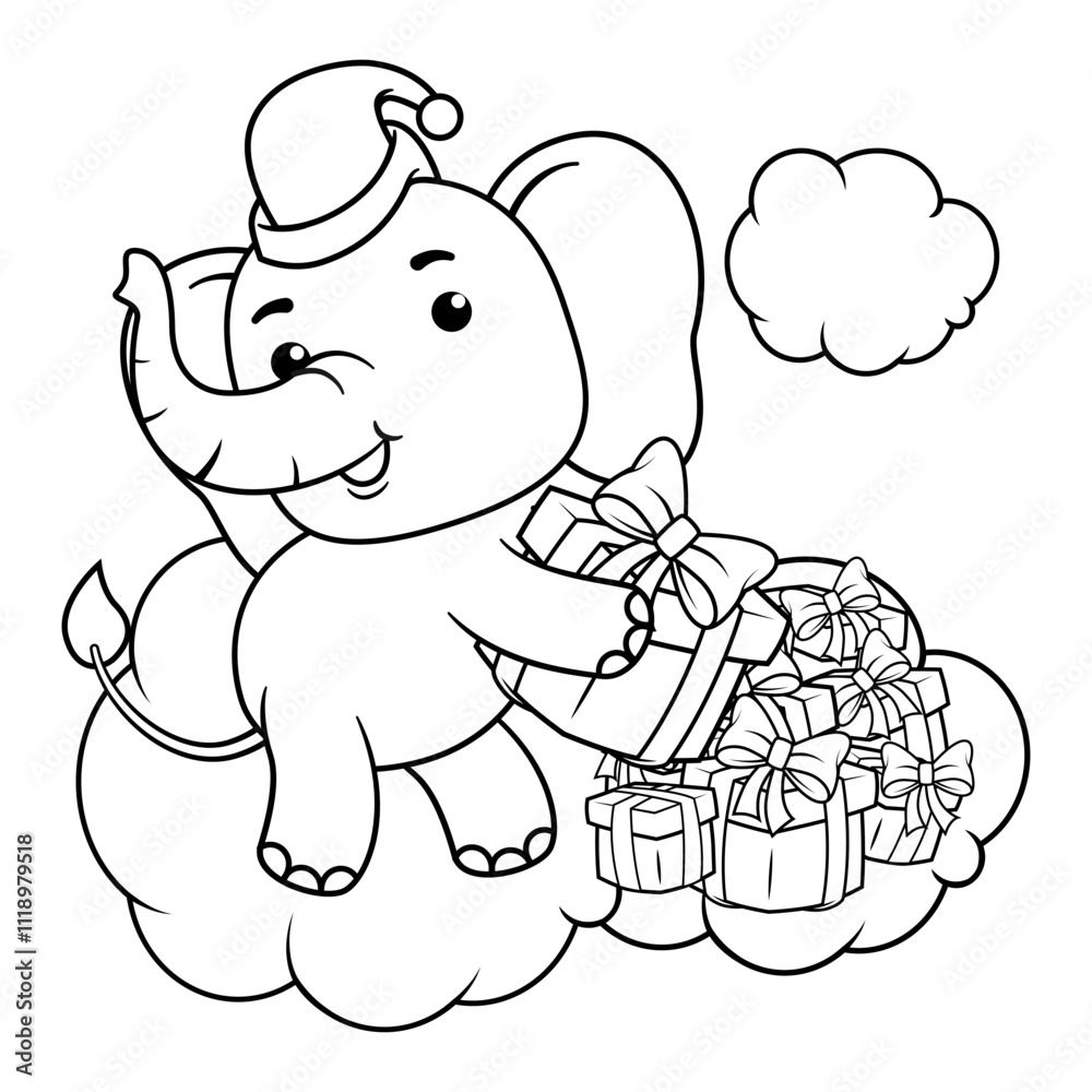 Fototapeta premium Christmas coloring page with elephant for kids