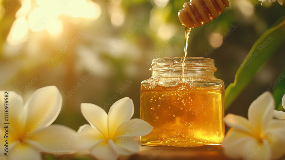 Honey jar with flowers and sunlight in background. Honey jar with flowers and sunlight in background.