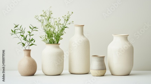 A serene arrangement of minimalist vases with delicate flowers, showcasing natural beauty and elegant design.
