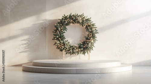 Elegant Holiday Podium Featuring a Fir Wreath in 3D Rendering  

