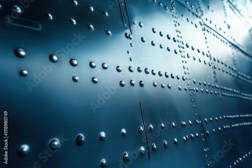 Close-up of a metallic surface with rivets and a sleek finish.
