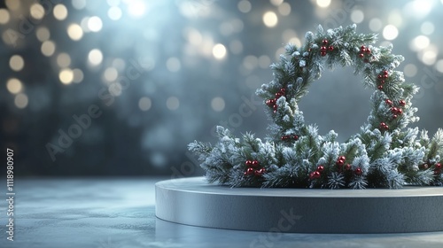 Elegant Holiday Podium Featuring a Fir Wreath in 3D Rendering  
