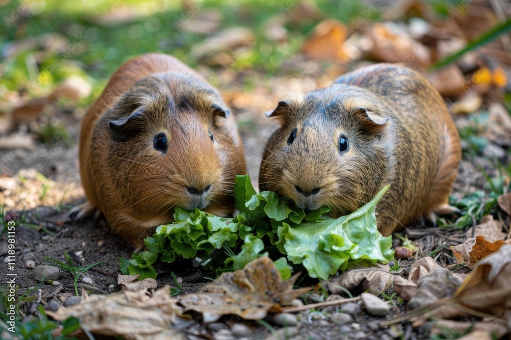 Two guinea pigs munching on lettuce among fallen leaves. Two guinea pigs munching on lettuce among fallen leaves.