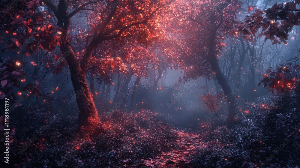 Enchanted forest with glowing foliage and misty atmosphere. Enchanted forest with glowing foliage and misty atmosphere.