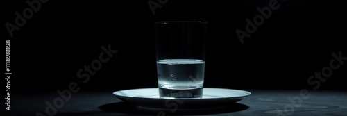Glass filled with water on a plate in darkness , empty surroundings, darkness
