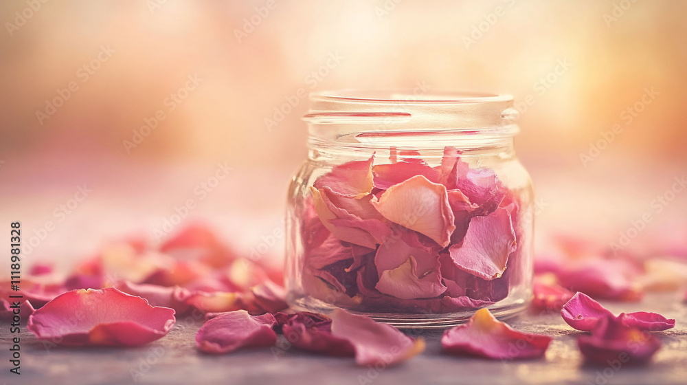 Jar filled with rose petals, creating a serene atmosphere. Jar filled with rose petals, creating a serene atmosphere.