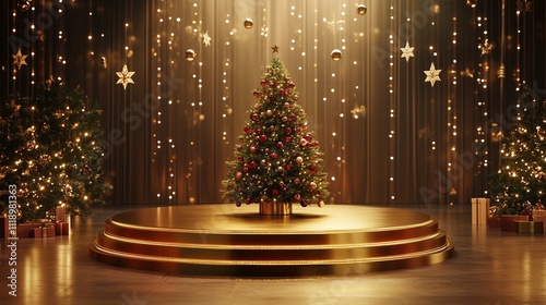 Elegant Holiday Stage with a Gold Podium and Decorated Christmas Tree  
