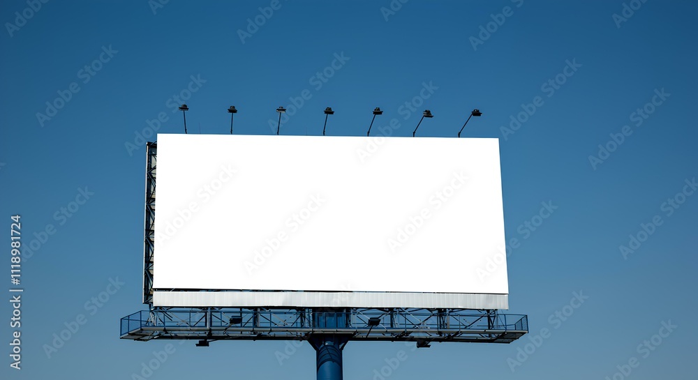 澄んだ青空を背景にした看板のローアングルビュー。広告。OOH|Low angle view of a billboard against a clear blue sky. Advertising. OOH. 澄んだ青空を背景にした看板のローアングルビュー。広告。OOH|Low angle view of a billboard against a clear blue sky. Advertising. OOH.