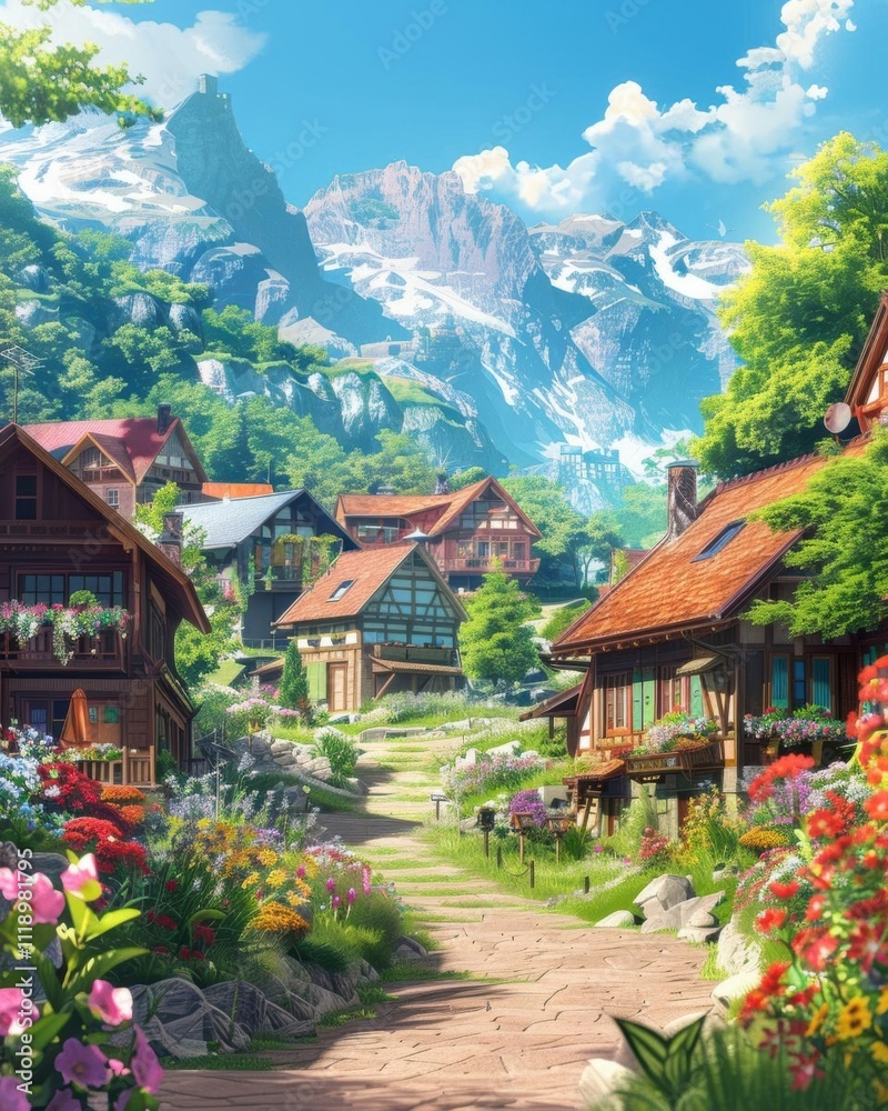 A picturesque village surrounded by mountains and vibrant flowers. A picturesque village surrounded by mountains and vibrant flowers.