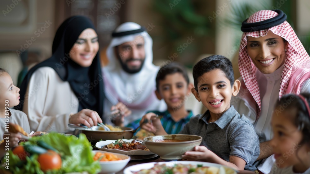 A family gathering around a table filled with traditional dishes. A family gathering around a table filled with traditional dishes.