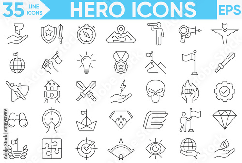 Hero Line Icons Set.Vector set of mission, vision and values line icons.Hero icon isolated on white background. Hero icon Vector And Illustrator Set