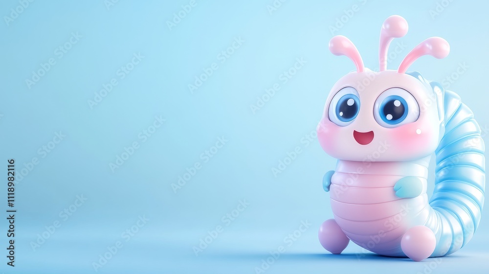 Fototapeta premium Cute Cartoon Worm Character with Happy Expression on Blue Background