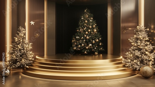 Elegant Holiday Stage with a Gold Podium and Decorated Christmas Tree  
