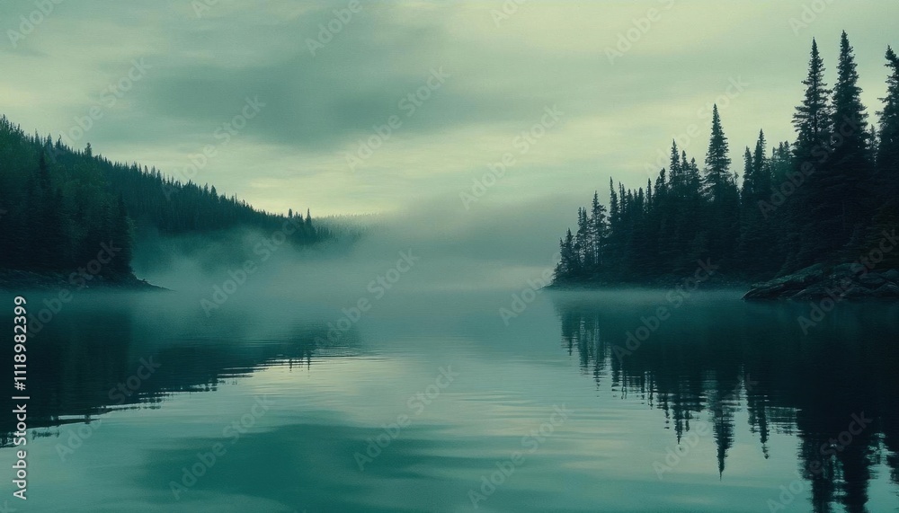 Fototapeta premium A serene lake surrounded by misty trees under a cloudy sky.