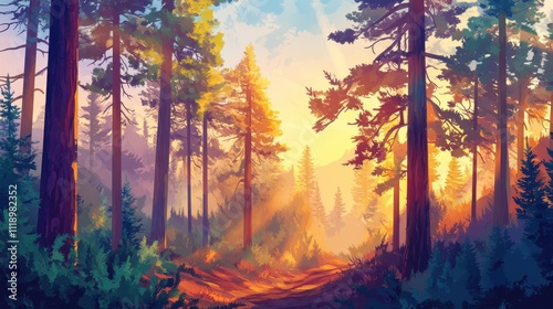 A serene forest landscape at sunrise with vibrant colors and trees.