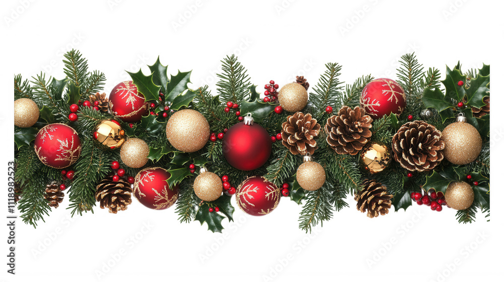 [Christmas festive garland with red berries golden pinecones and green holly leaves] Vibrant Christmas Garland with Red Berries and Golden Pinecones Against Dark Background