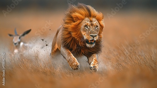 Majestic lion pursuing gazelle in savanna grassland.