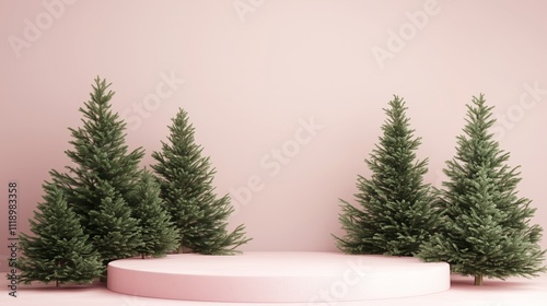 Elegant Podium Setup with Green Christmas Trees on a Soft Pink Background in 3D  
