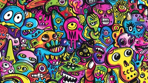 A vibrant collage of whimsical, colorful monster faces and expressions.