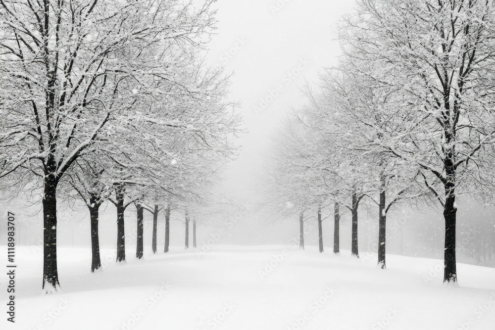 A serene winter scene with snow-covered trees lining a path.