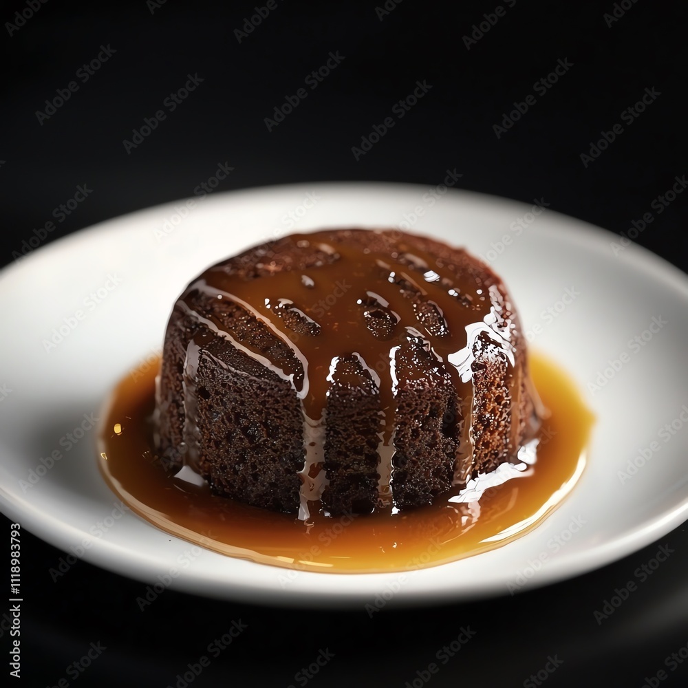 Glossy chocolate lava cake with a molten center, sitting on a minimalist white plate, golden caramel drizzle, dramatic side lighting