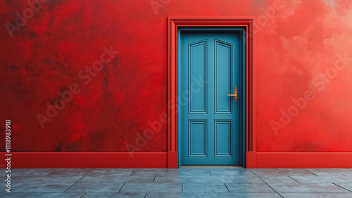 A blue door stands in front of a red wall. The door is open and the wall is painted in a bright red color. The scene gives off a feeling of warmth and welcoming