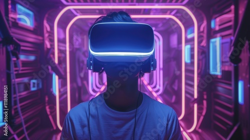 A person wearing a VR headset in a neon-lit corridor.