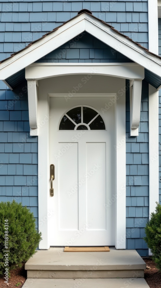 Charming Entrance With White Door and Blue Shingle Siding of Single-Family Home. Generative AI Charming Entrance With White Door and Blue Shingle Siding of Single-Family Home. Generative AI