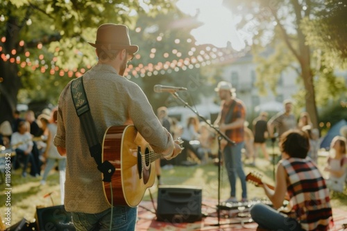 Outdoor music performance with people enjoying a lively atmosphere.