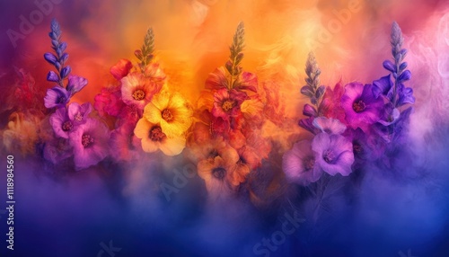 Vibrant flowers in a colorful, dreamy background.
