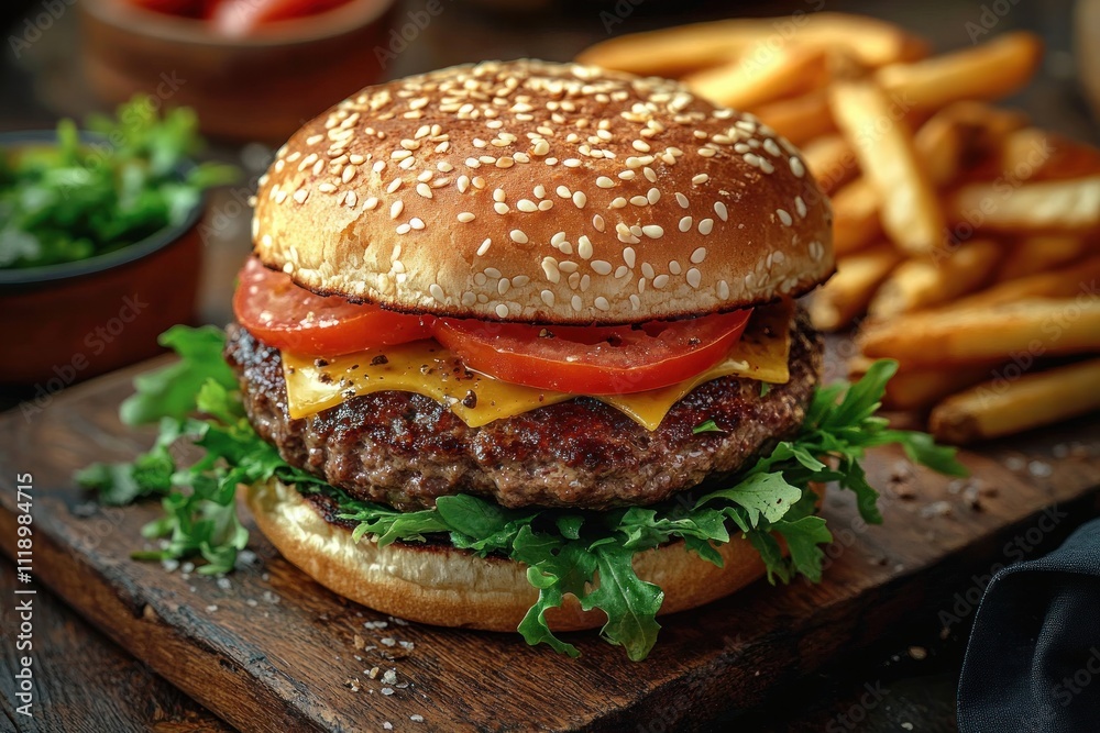 Juicy Gourmet Cheeseburger with Fresh Vegetables and Rustic Potato Wedges on Sesame Seed Bun Juicy Gourmet Cheeseburger with Fresh Vegetables and Rustic Potato Wedges on Sesame Seed Bun