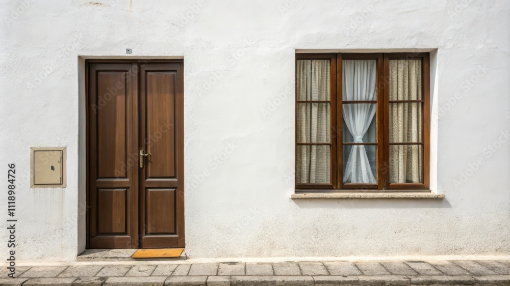 Brown Closed Door and Window on a White Wall in a Serene Residential Setting. Generative AI Brown Closed Door and Window on a White Wall in a Serene Residential Setting. Generative AI