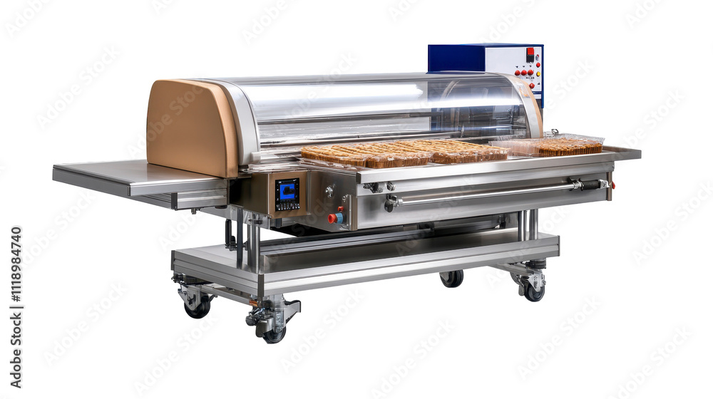 Industrial pastry cooling conveyor, stainless steel design, transparent guard, automated baking equipment Isolated on white background or PNG Industrial pastry cooling conveyor, stainless steel design, transparent guard, automated baking equipment Isolated on white background or PNG