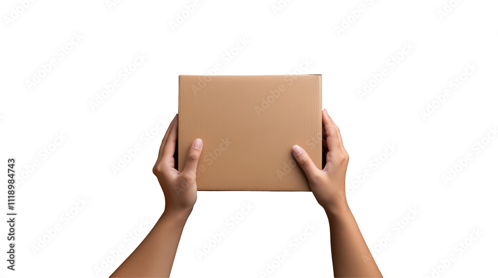Hands holding brown package isolated white background, minimalist, delivery concept Isolated on white background or PNG Hands holding brown package isolated white background, minimalist, delivery concept Isolated on white background or PNG