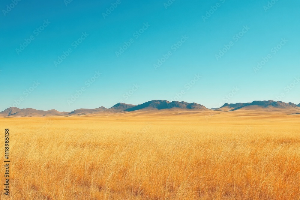 A vast golden landscape under a clear blue sky with distant mountains. A vast golden landscape under a clear blue sky with distant mountains.