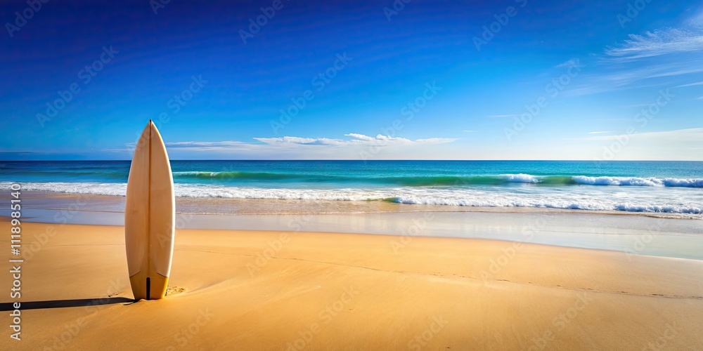 A surfboard on sandy beach with calm waves and clear blue sky, surfboard, sandy beach, calm waves, clear sky