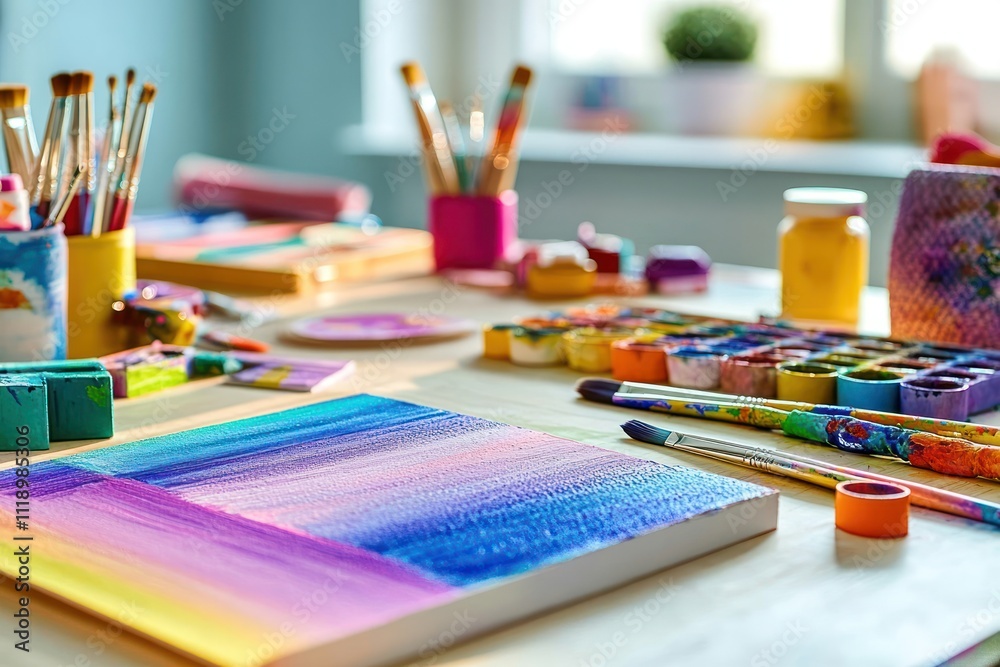 A vibrant artist's workspace filled with paints, brushes, and colorful canvases. A vibrant artist's workspace filled with paints, brushes, and colorful canvases.