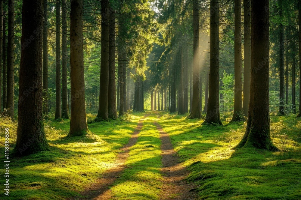 Obraz premium A serene forest path illuminated by sunlight, surrounded by tall trees.