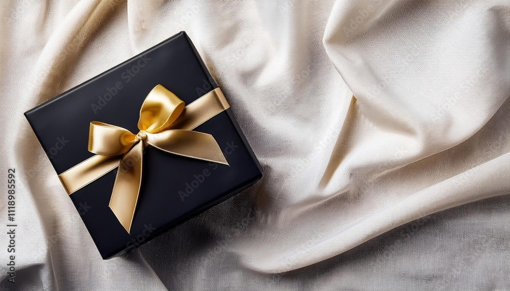 Black Gift Box with Gold Ribbon on Fabric Background. Top View of Teacher Day Gifts with Copy Space Black Gift Box with Gold Ribbon on Fabric Background. Top View of Teacher Day Gifts with Copy Space