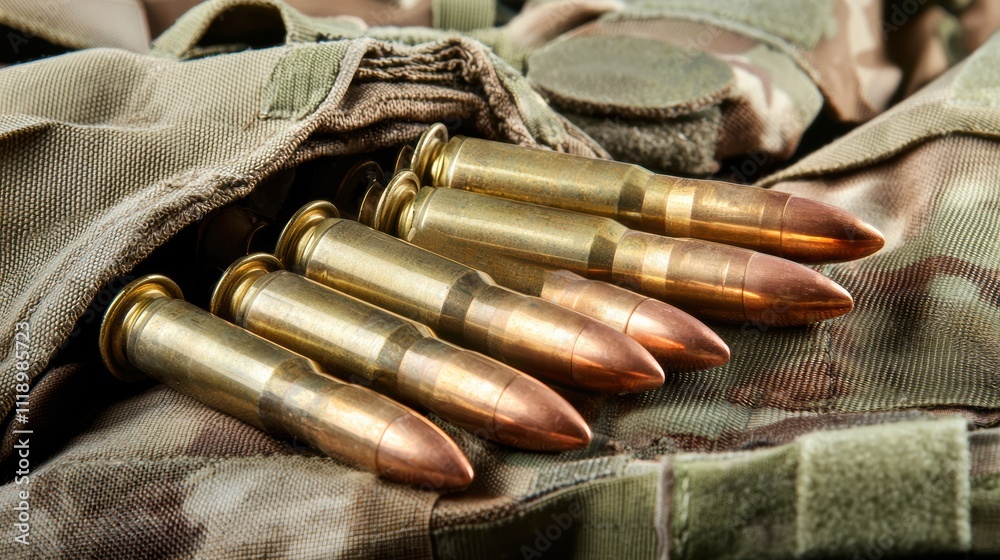 Close-up of bullets on camouflage fabric in tactical military environment Close-up of bullets on camouflage fabric in tactical military environment