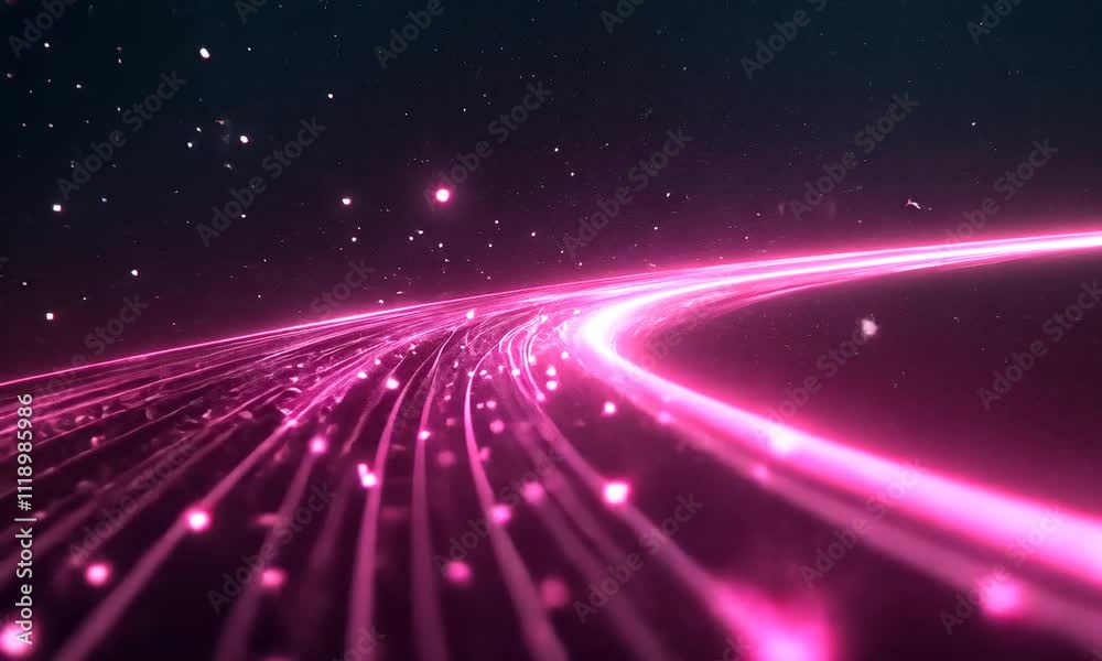A vibrant cosmic scene featuring a glowing pink path through a starry universe.
