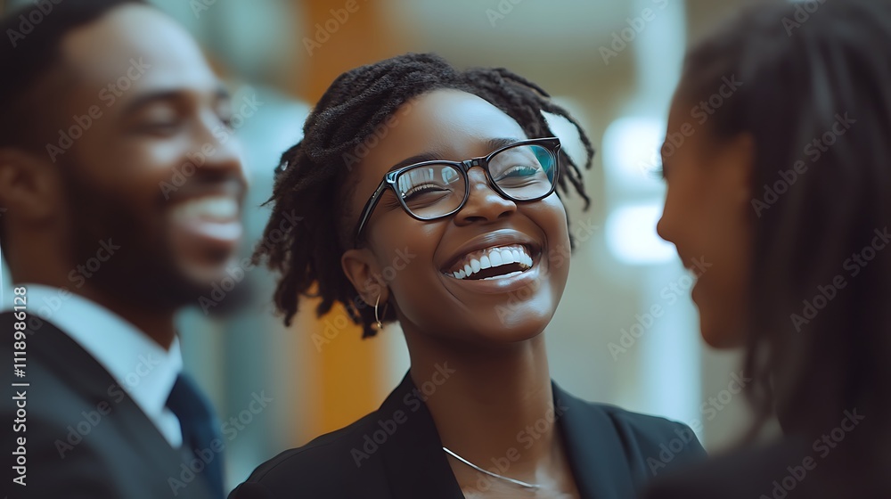 Engaging networking event professionals laugh together indoors Engaging networking event professionals laugh together indoors