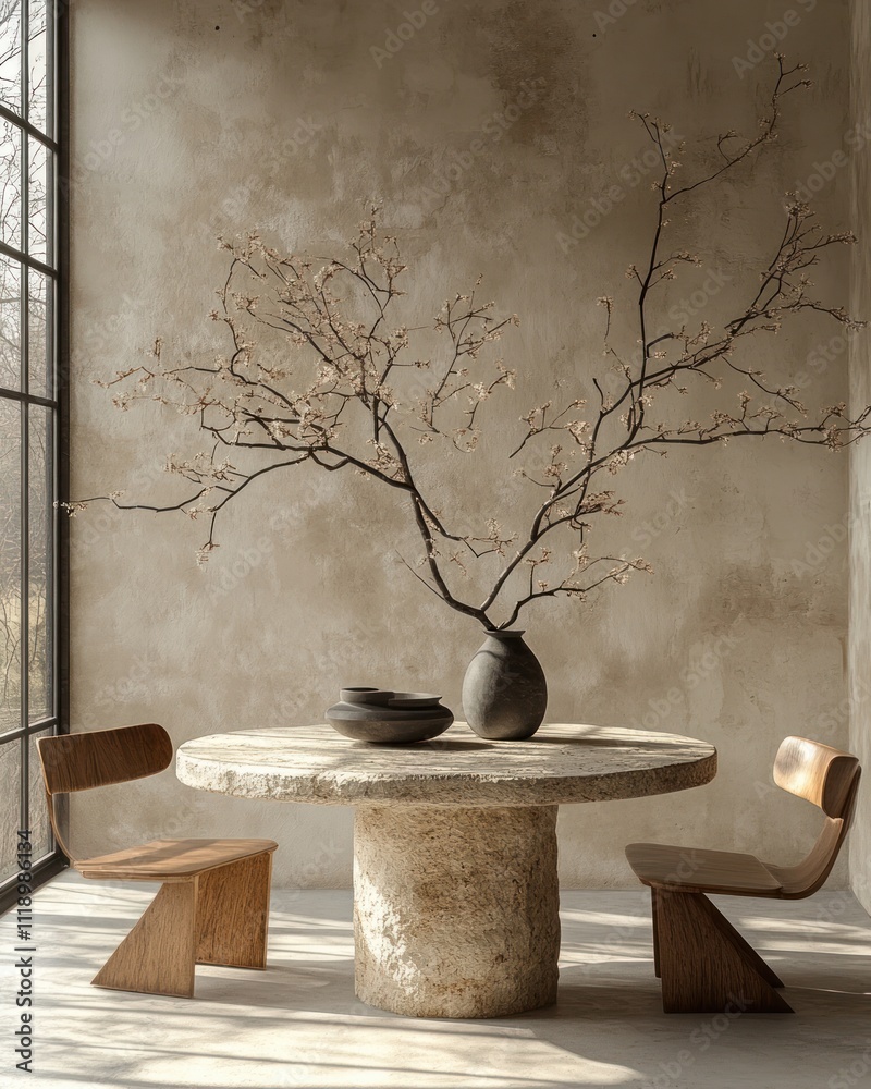 Minimalist Scandinavian Interior Design of Modern Living Room with Stylish Lounge Chairs and Round Stone Table